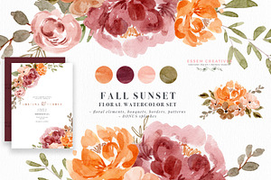Orange Pink Fall Watercolor Flowers, an Illustration by Essem Creatives