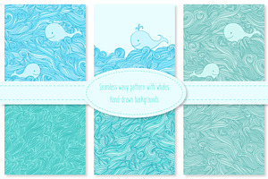 Whale in the sea waves patterns set.
