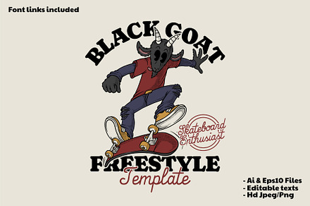 black goat mascot playing skateboard