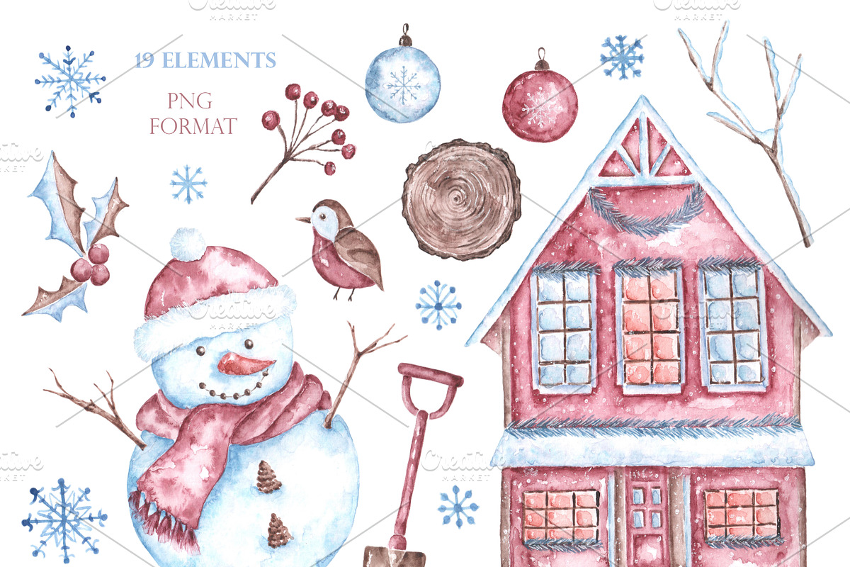 Christmas snowman watercolor clipart, a Seasonal Illustration by SabinaWatercolorArt (Photo 2 of 17)