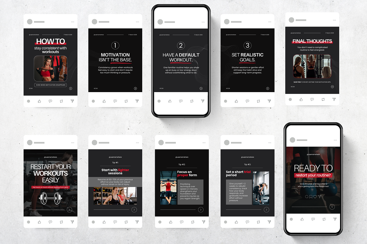 Fitness Carousel Instagram Posts Red, a Social Media Template by DigiPax (Photo 7 of 11)