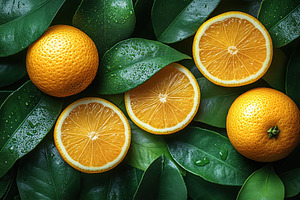 Fresh oranges on vibrant green leaves with water droplets in natural light, a Food & Drink Photo by AlyaAnd