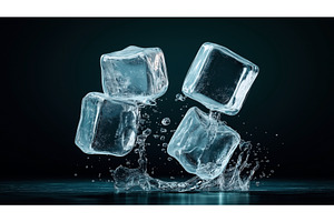 Four ice cubes falling into water, a Food & Drink Photo by Sergey Kotenev