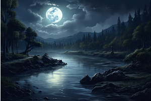 Solitary Moon Night River. Generate