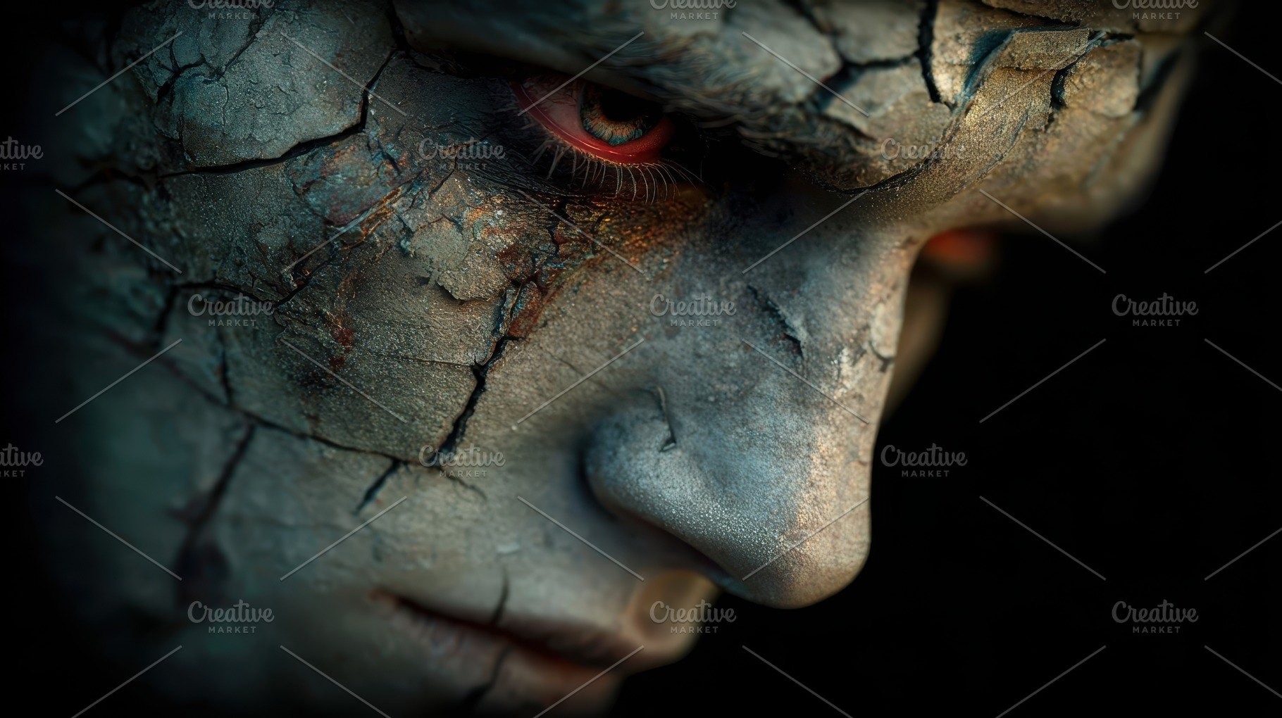 Cracked Face Glowing Eyes Dark Horro, a Photo by Pixeness Studio