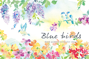 Blue birds watercolor clipart set, a Decorative Illustration by Sawango Designs (Thumbnail 1 of 4)