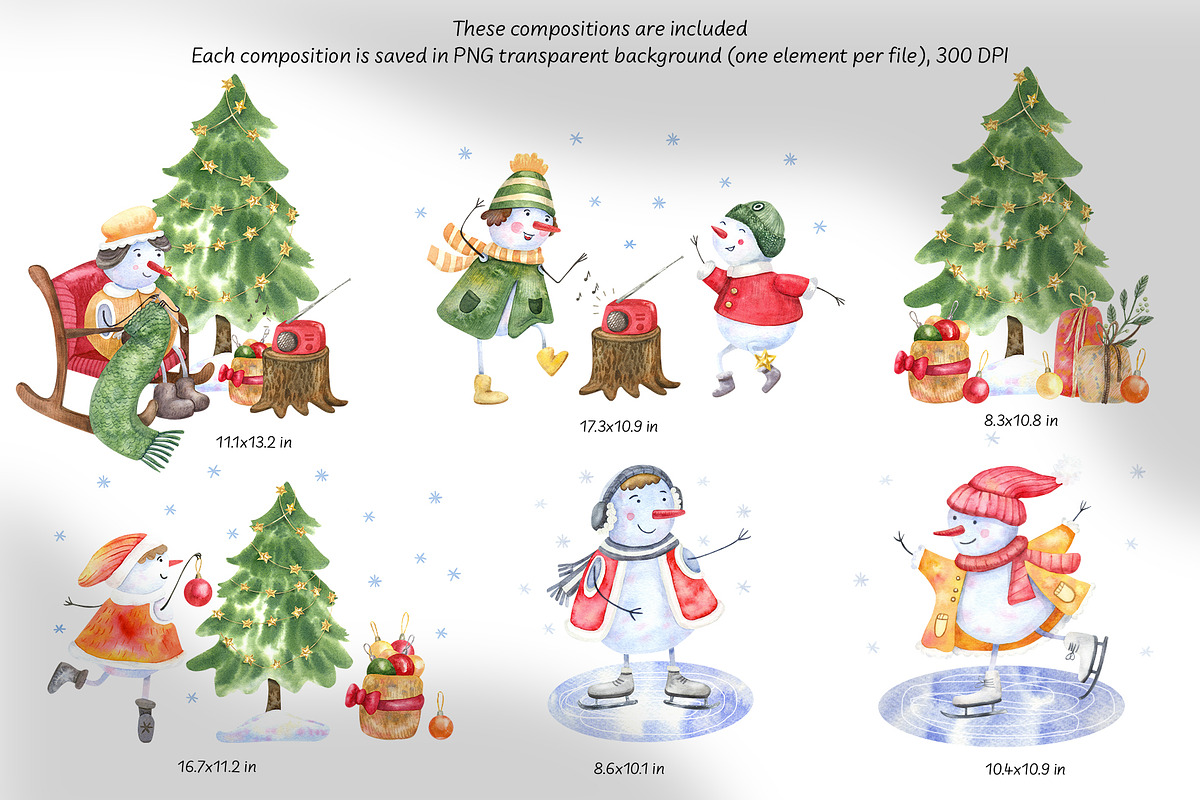Snowmen Village Watercolor Clipart, an Illustration by Anna Druzhkova (Photo 3 of 20)