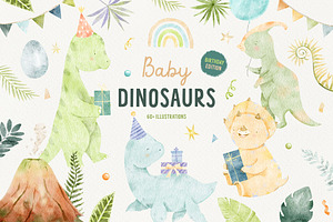 Birthday Baby Dinosaurs Watercolor