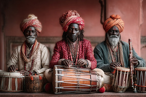 Traditional musicians in vibrant attire playing Indian drums and wind instrumen, a Photo by AS photostudio