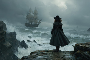 Woman in Black Watching Distant Ship, a Photo by Pixeness Studio