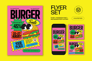 Pink Quirky Burger Sale Flyer Set, a Flyer Template by graphicook