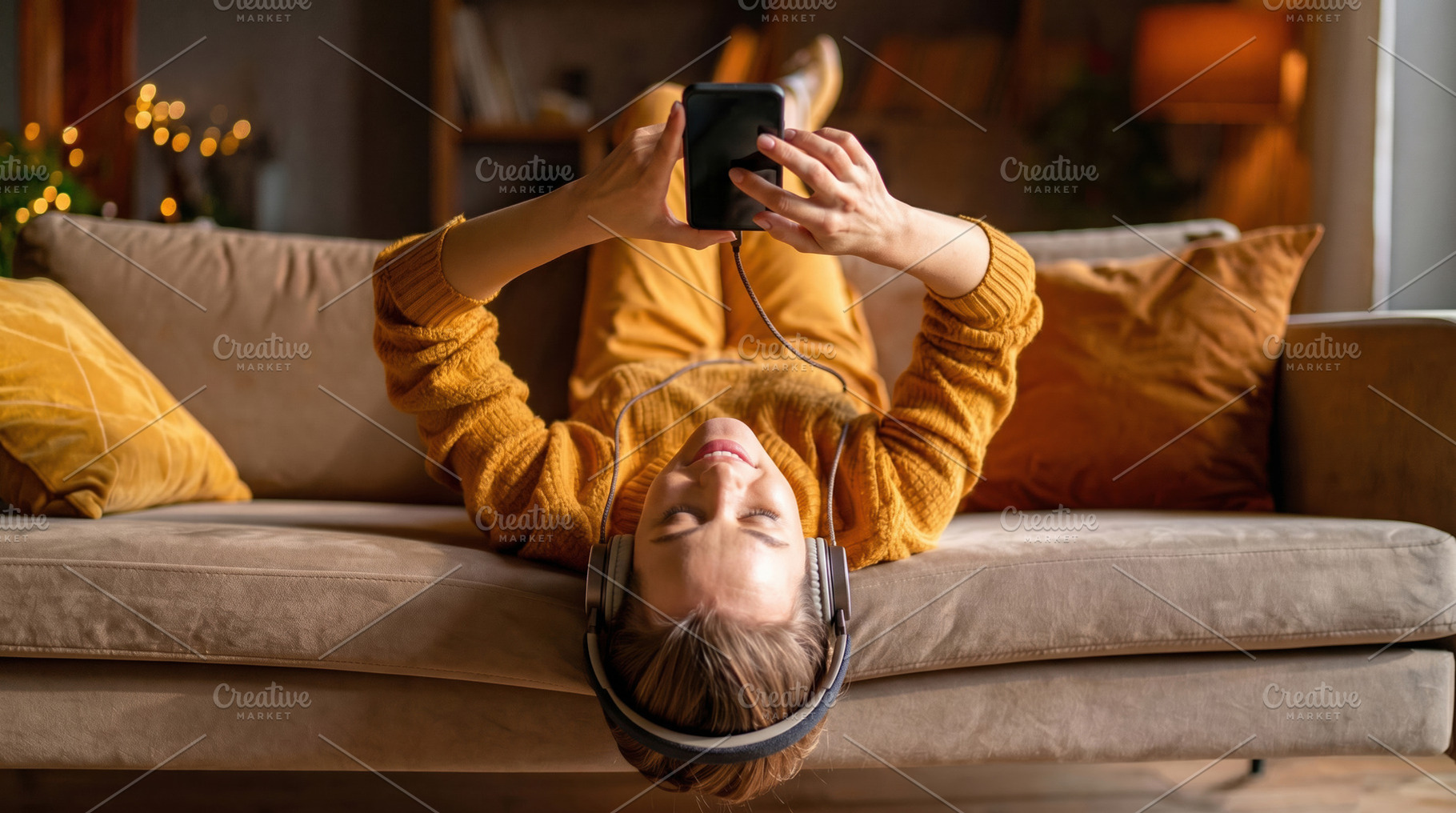 Young Woman Relaxing with Smartphone and Headphones, a Photo by Davizro's Market