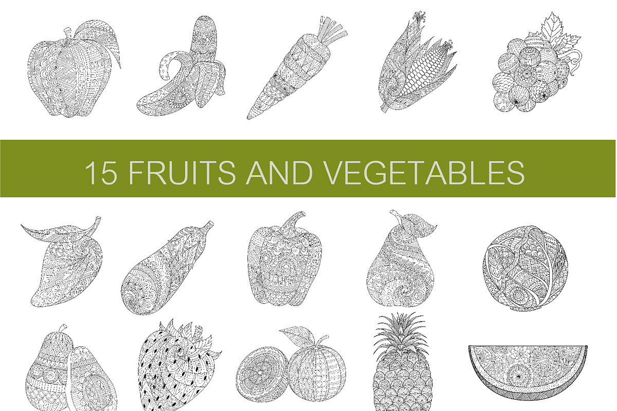 15 Fruits &Vegetables coloring pages, a Decorative Illustration by Somjai King (Photo 1 of 6)