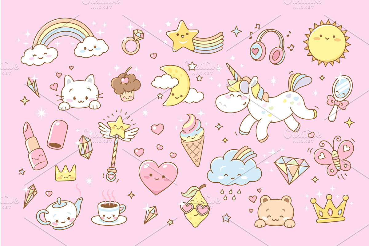 Kawaii girly stickers. Stylish, an Illustration by LadadikArt
