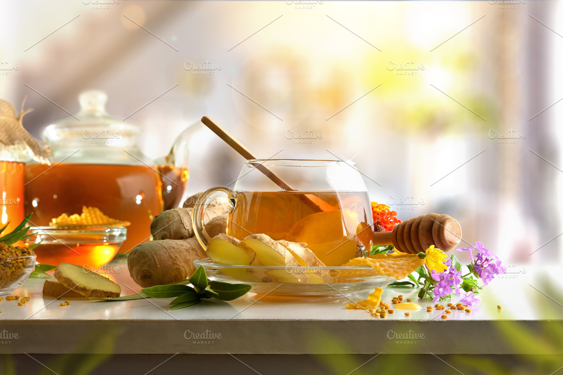 Ginger and honey infusion on white table in living room, a Food & Drink Photo by Davizro's Market
