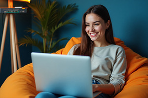 Smiling Woman Working on Laptop, a Business Photo by Stock Shape