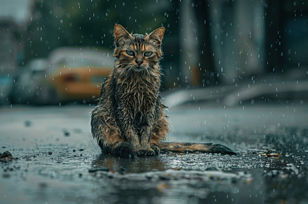 Wet homeless cat on a street in the rain, an Animal Photo by AlyaAnd