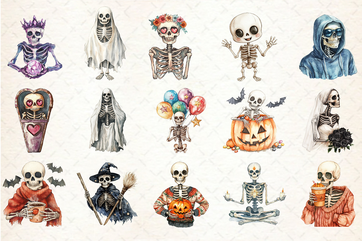 Watercolor Halloween Skeleton Clipar, an Illustration by Rose Art (Photo 2 of 7)