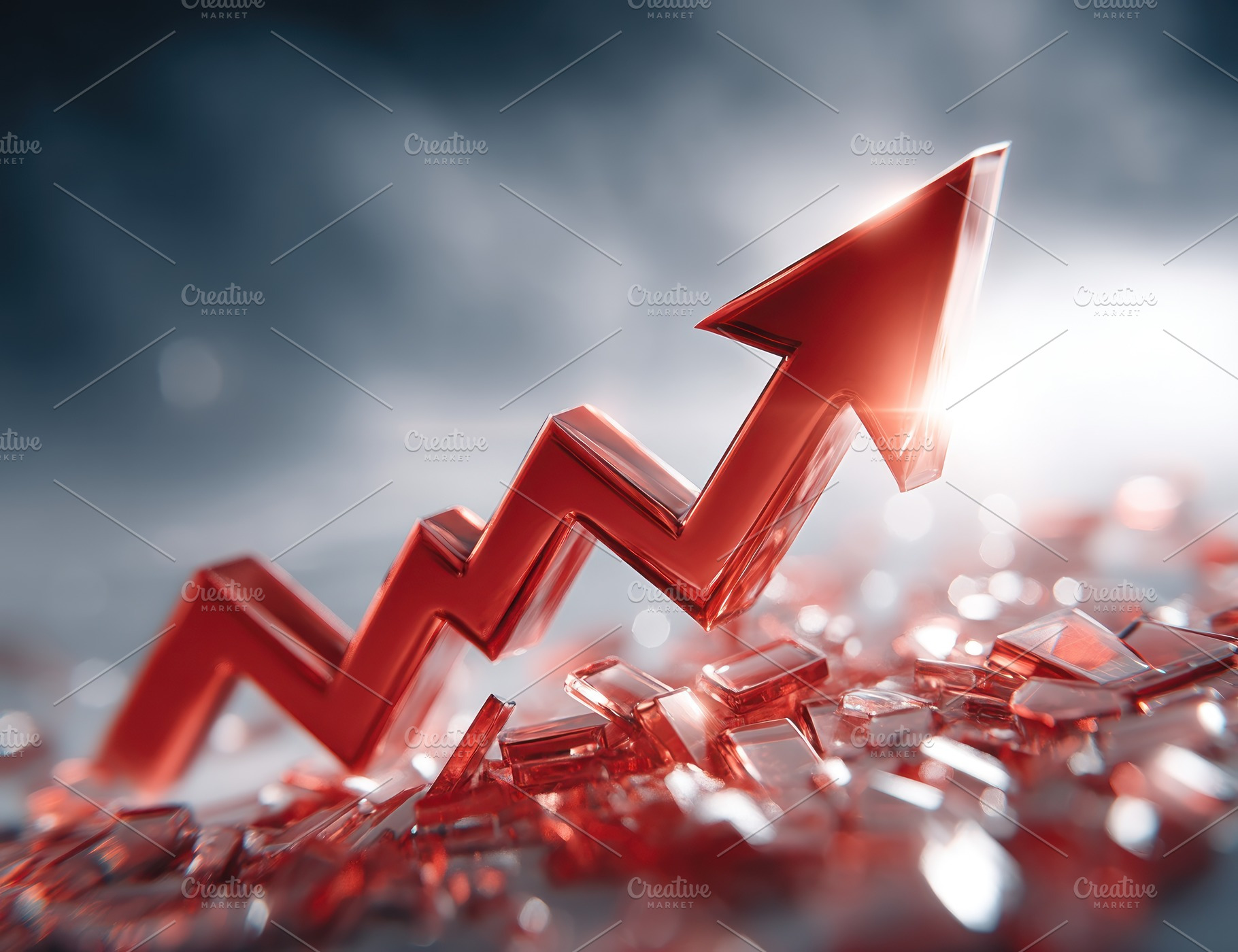 Shiny red glass arrow pointing upward rising from shattered frag, an Abstract Photo by José Manuel Gelpi