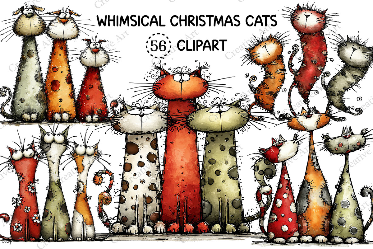 Whimsical Christmas Cats Clipart, an Illustration by Creative Art (Photo 1 of 13)