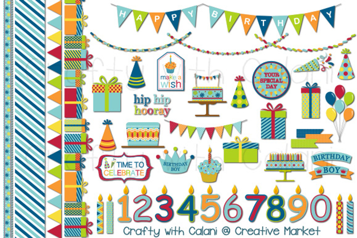 Cute Boy Birthday Clipart Set, an Illustration by Crafty with Calani