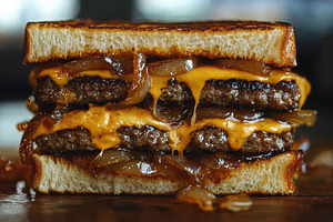 Stacked burger with cheese and caram, a Food & Drink Photo by Pixeness Studio