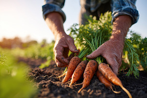 Harvesting fresh organic carrots in the sunlit fields of a farm during autumn s, a Photo by AlyaAnd