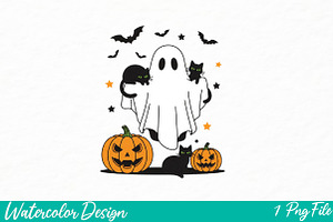 Halloween Black Cat & Ghost Png, an Illustration by Watercolor design