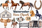 Watercolor Horse Clipart Set, 38 PNG, an Animal Illustration by CropUp Creative (Thumbnail 1 of 4)