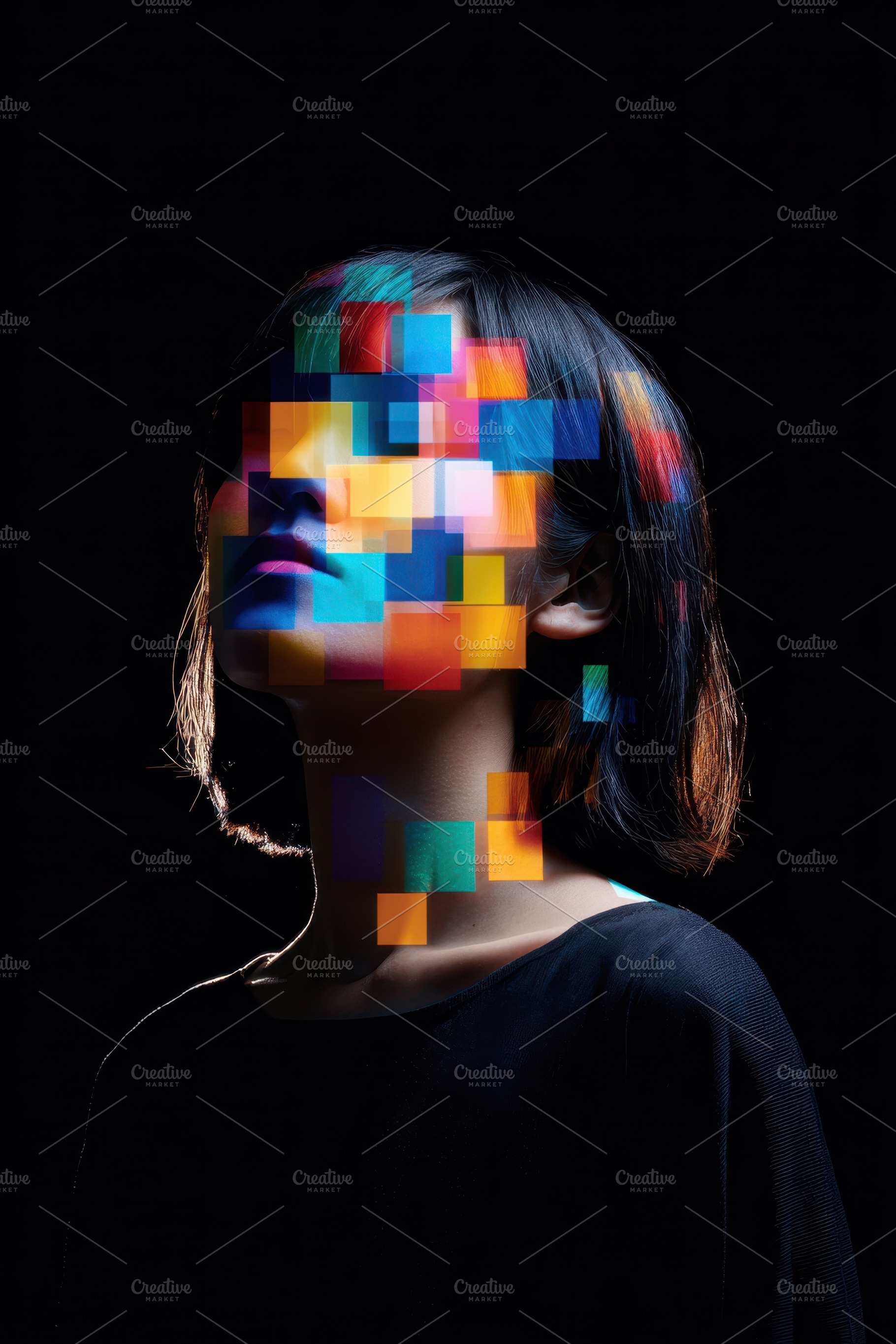 Pixelated portrait of a woman in dark, an Abstract Photo by AlyaAnd