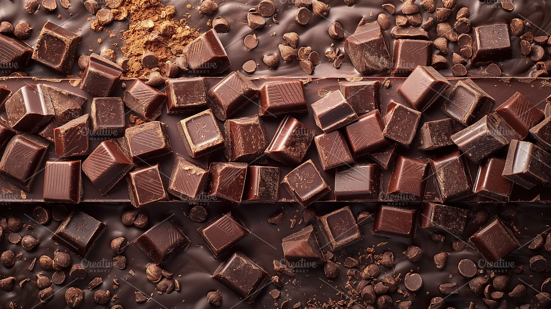 An assortment of dark chocolate squares and chips arranged artis, a Food & Drink Photo by ImageMir