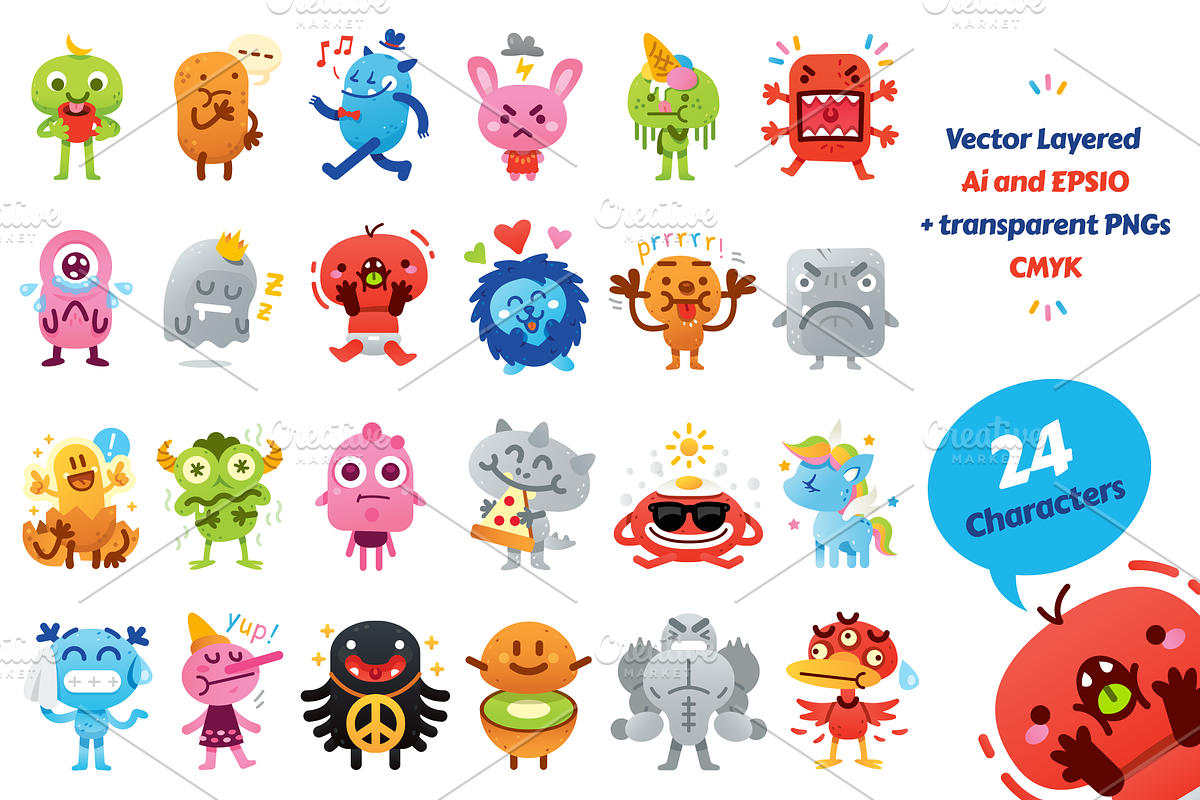 24 Cute Freak Monster Emoji Set, an Animal Illustration by Manudesign (Photo 1 of 3)