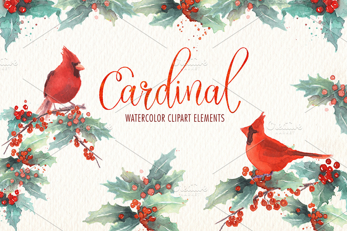 Cardinal bird watercolor clipart set, an Illustration by Art & Things (Photo 1 of 6)