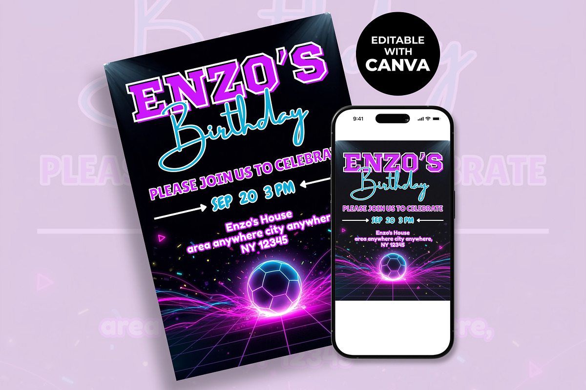 Neon Soccer Birthday Invitation, an Invitation Template by M9 Design (Photo 2 of 4)