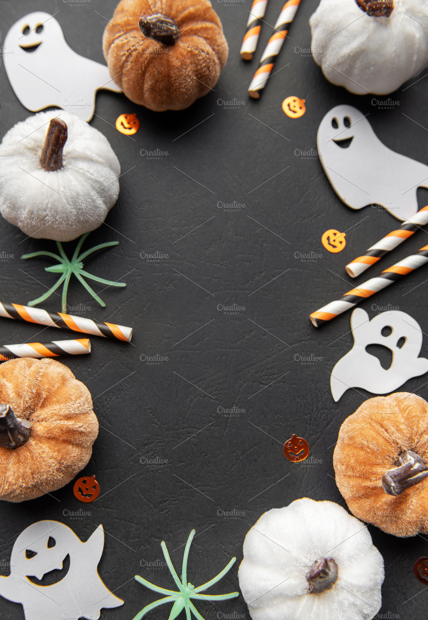 Halloween pumpkins ghost spiders and party straws, a Holiday Photo by Olena Rudo