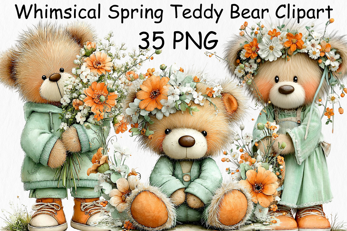 Whimsical Spring Teddy Bear Clipart, an Animal Illustration by Libby Wishes