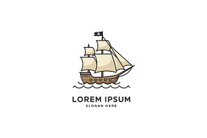 Pirate ship sailing on waves with de, an Illustration by designvectx