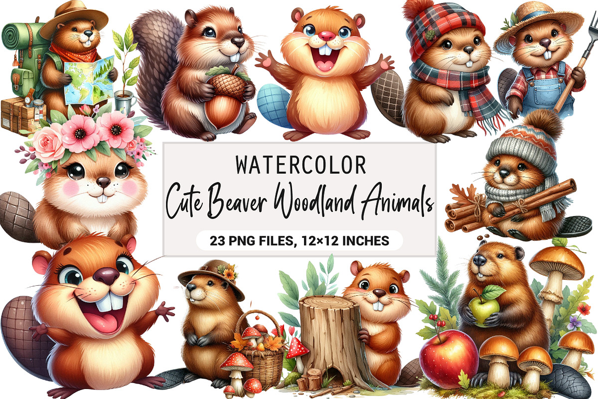 Cute Beaver Woodland Animals Clipart, an Illustration by DreamArtGraphic (Photo 1 of 6)