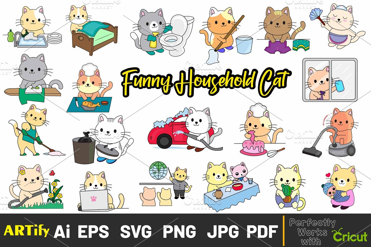 Funny Household Kawaii Cat Clipart, an Animal Illustration by ARTify Illustrations (Photo 1 of 9)