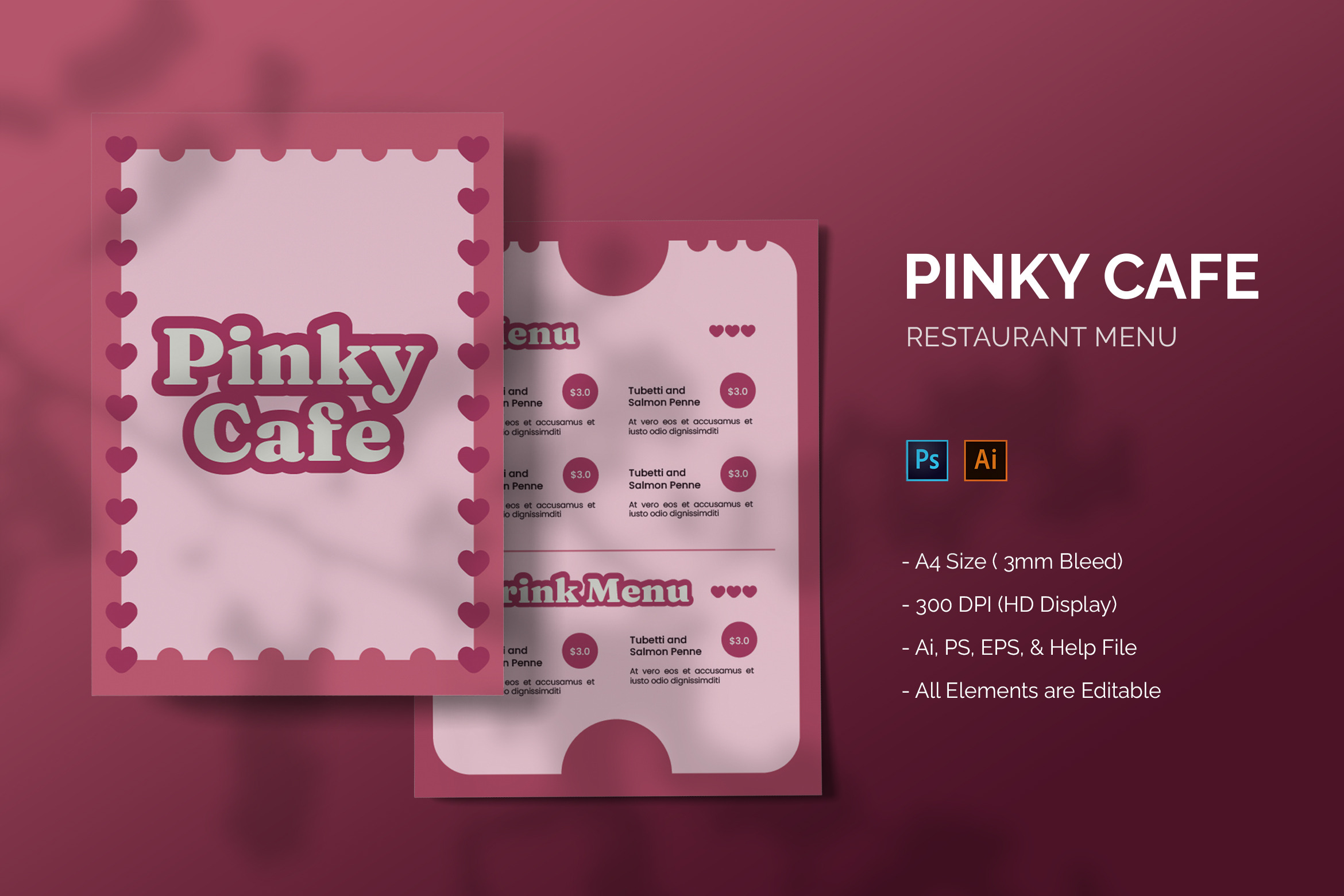Pinky Cafe - Restaurant Menu, a Print Template by StreaksideStd