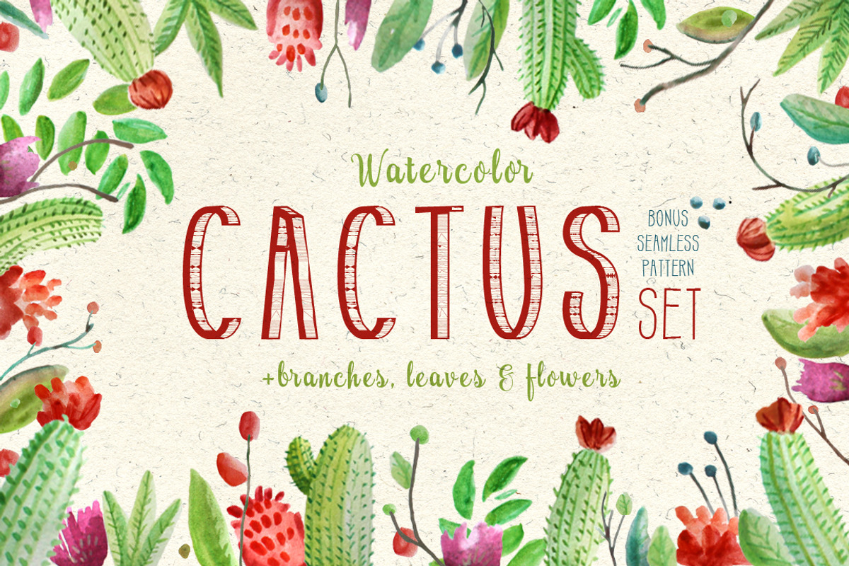 Watercolor Cactus & Florals Set, a Decorative Illustration by RalucaGheorghe (Photo 1 of 3)