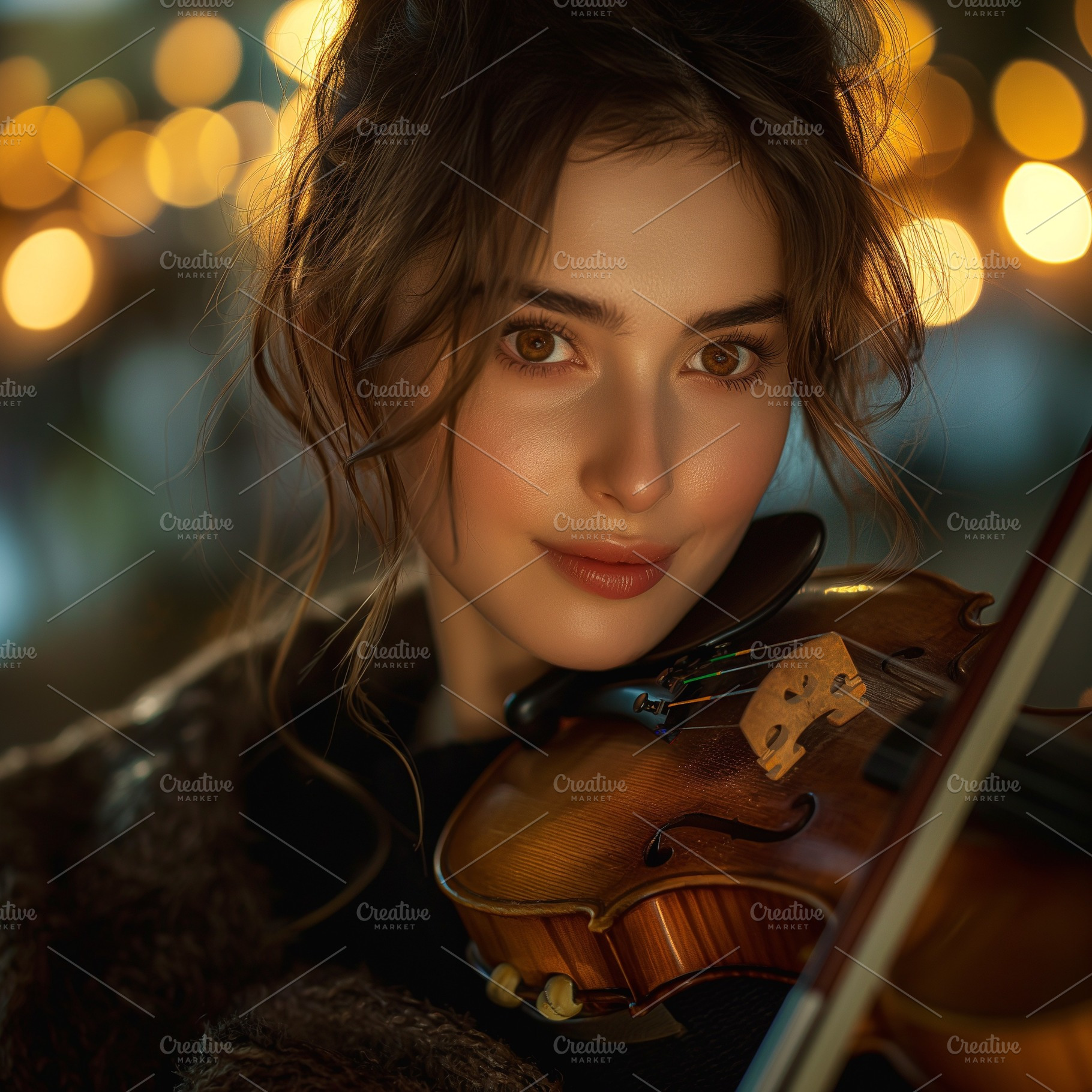 A young Caucasian woman playing the violin against a backdrop of warm, glowing, a Person Photo by ImageMir