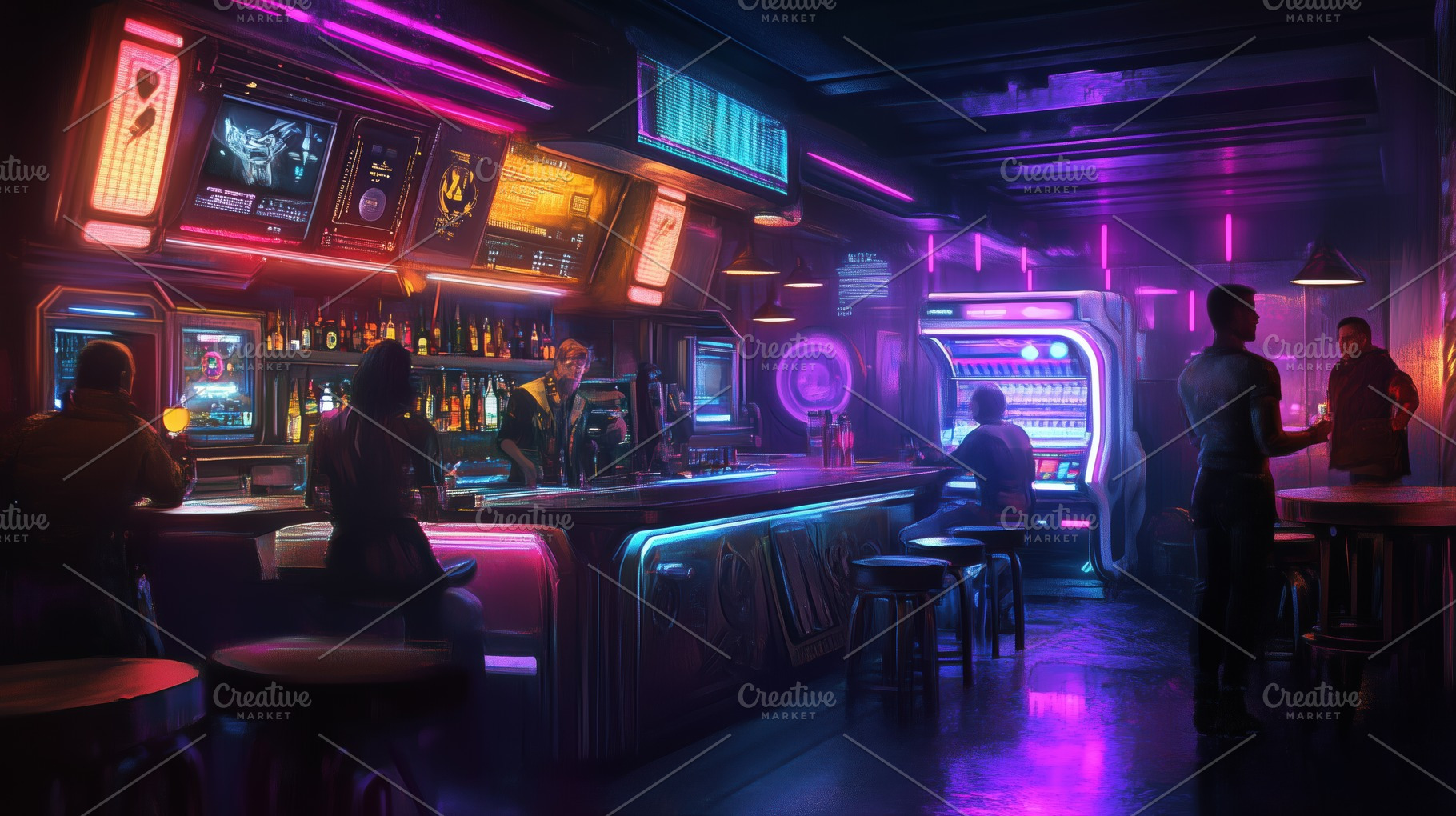 A vibrant, futuristic bar scene with neon lights, featuring patrons enjoying dr, an Arts & Entertainment Photo by Textures & Backgrounds