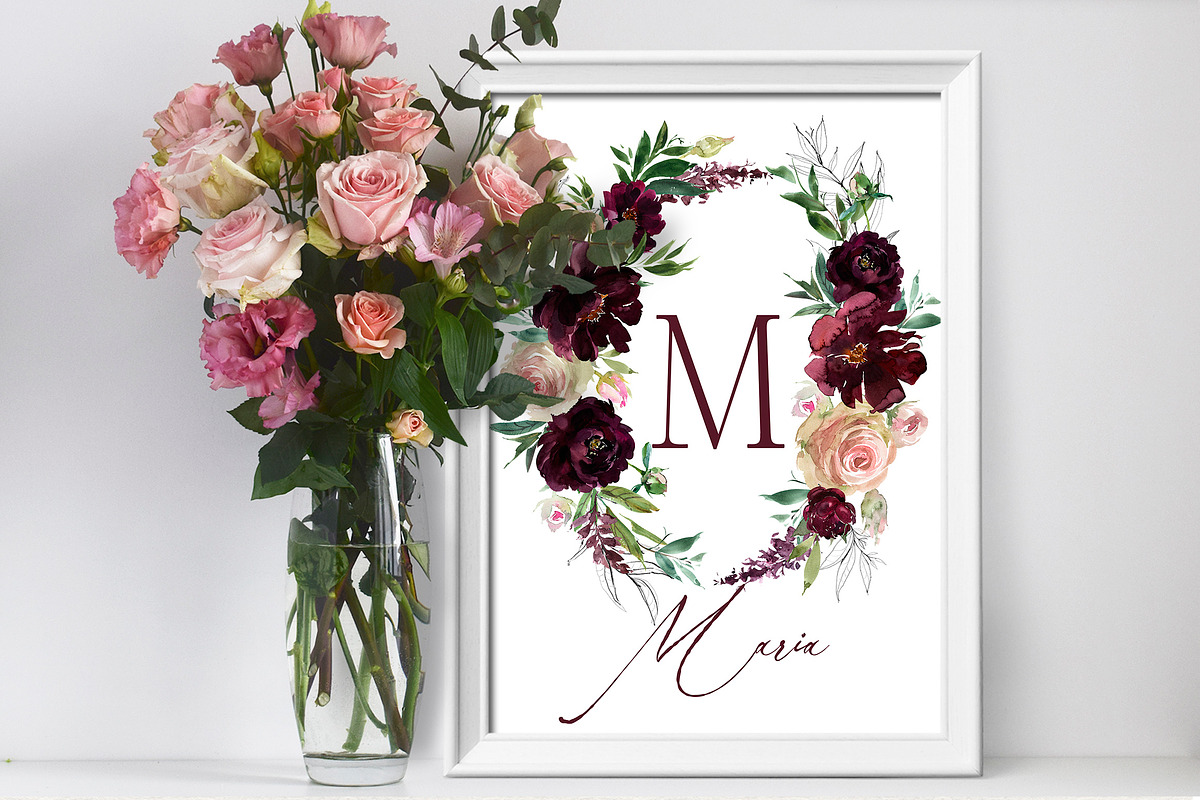 Blush & Wine Watercolor Flowers PNG, a Decorative Illustration by whiteheartdesign (Photo 10 of 10)