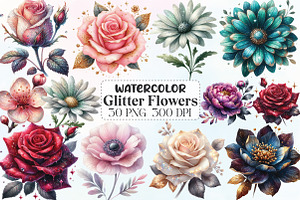 Watercolor Glitter Flowers Clipart, an Icon by CraftArtStudio