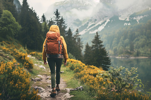 Female hiker on a path in mountains, a Person Photo by MistyDay