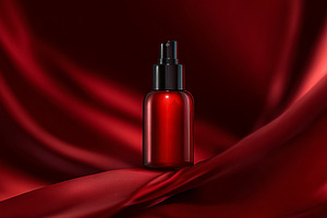 Red cosmetic bottle on draped silk fabric showcasing a luxurious, a Photo by Studio ANNA