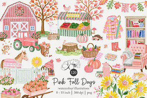 120 pink autumn clip art, a Seasonal Illustration by Poppy Lane Studio