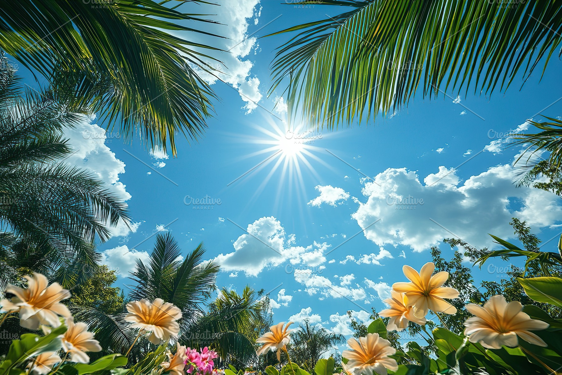 Bright sun shining over tropical flowers and palm trees on a clear day, a Nature Photo by AlyaAnd