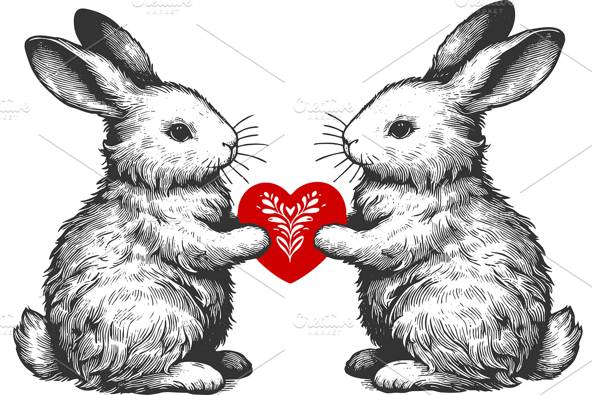rabbits holding red heart in love, an Animal Illustration by AlexArt